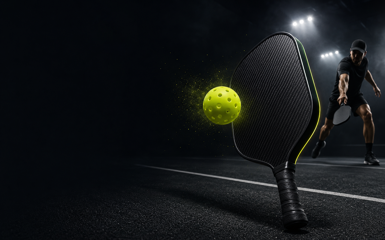Raquete e bola de pickleball em quadra profissional